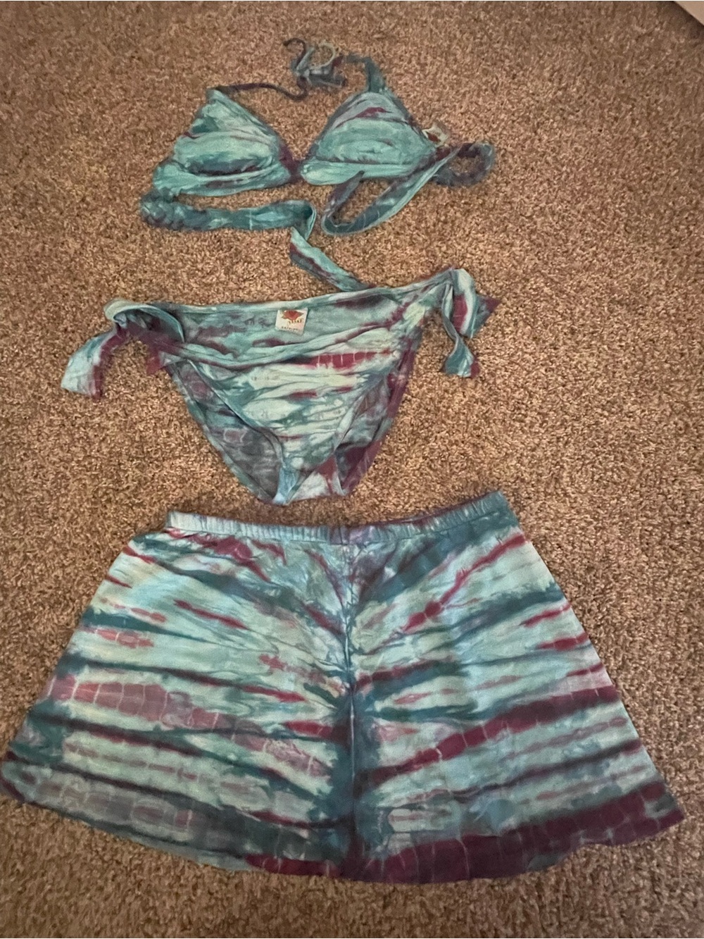 Lucky Brand Tie-Dye Bikini Top, Bottoms & Swim Shorts Set - Aqua Teal & Maroon